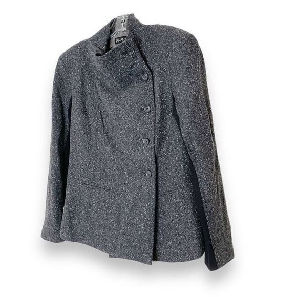 Elizabeth James Asymmetric Donegal Wool Blend Cowl Neck Blazer Coat Gray Black 4 - Picture 3 of 9